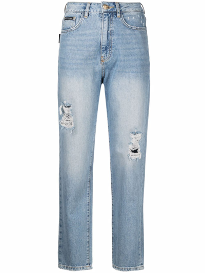 Shop Philipp Plein Cropped Boyfriend Jeans In Blau