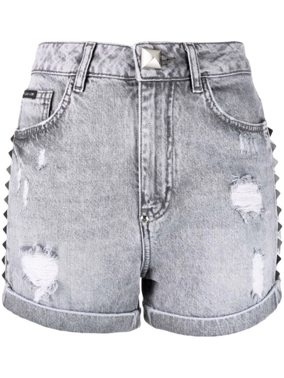Shop Philipp Plein Studded Denim Shorts In Grau
