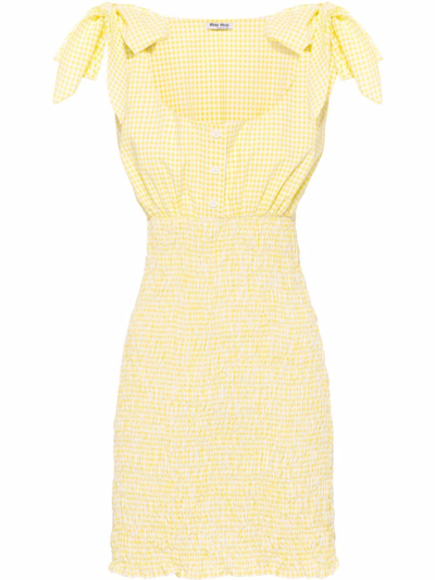 Shop Miu Miu Gingham Check Mini Dress In Yellow