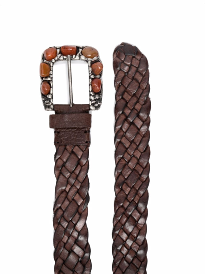 Shop P.a.r.o.s.h Zoe Interwoven Embellished Leather Belt In Braun