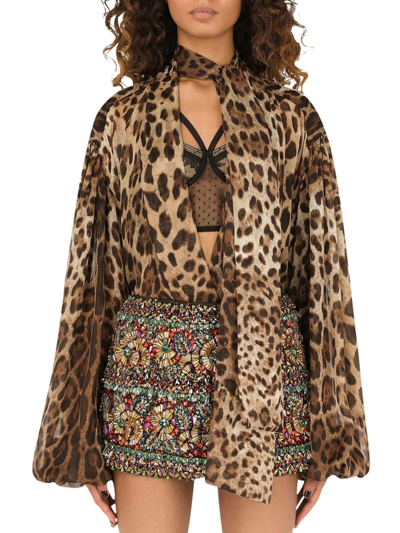 Shop Dolce & Gabbana Leopard-print Silk Pussy-bow Blouse In Multicolour