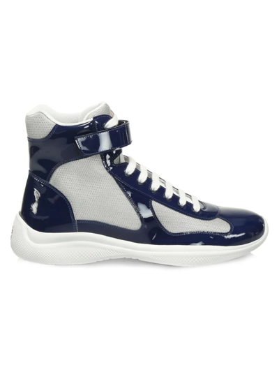 Shop Prada Men's America's Cup High-top Patent Leather Sneakers In Royal Argento