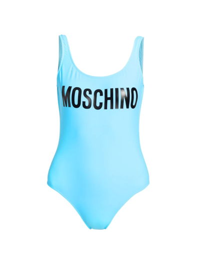 Shop Moschino Women's Ladies Who Lunch Logo One-piece Swimsuit In Fantasy Print Light Blue