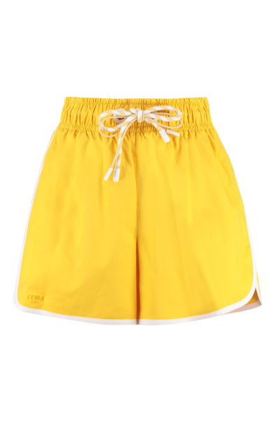 Shop Fendi Logo Embroidered Drawstring Shorts In Yellow