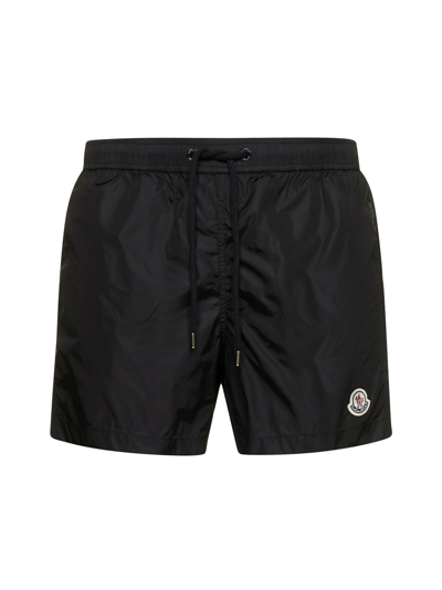 Shop Moncler Logo Patch Drawstring Swim Shorts In Black