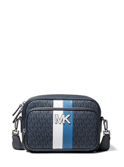 Shop Michael Kors Hudson Logo Stripe And Leather Crossbody Bag In Blue
