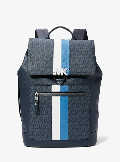Shop Michael Kors Hudson Logo Stripe And Leather Backpack In Blue