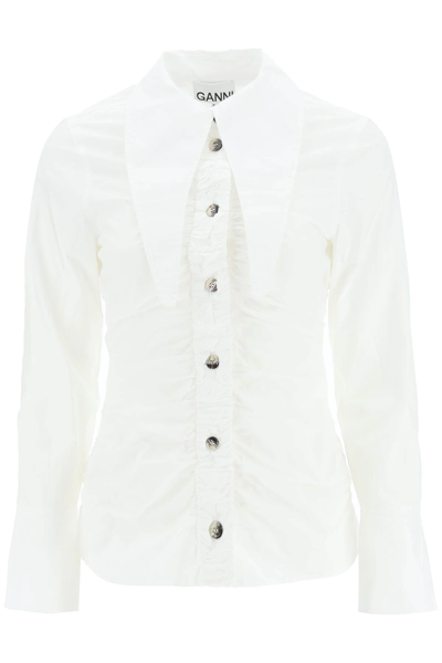 Shop Ganni Ruched Cotton Shirt In White