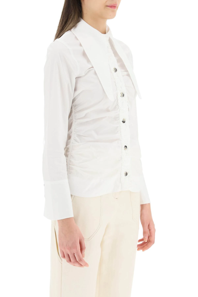 Shop Ganni Ruched Cotton Shirt In White