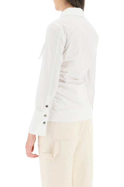 Shop Ganni Ruched Cotton Shirt In White