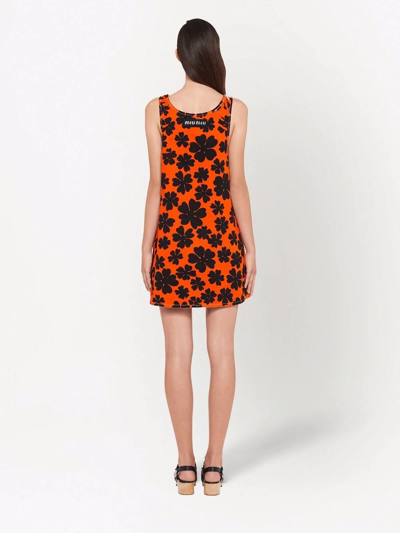 Shop Miu Miu Floral-print Drill Mini Dress In Orange