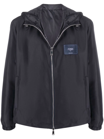 Shop Fendi Reversible Logo-patch Hooded Jacket In Blue