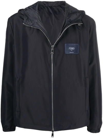Shop Fendi Reversible Logo-patch Hooded Jacket In Blue