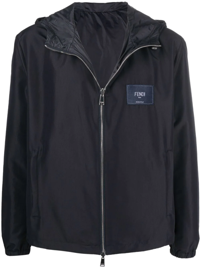 Fendi Reversible Logo-patch Hooded Jacket In Blue