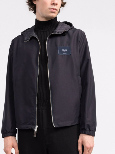 Fendi Reversible Logo-patch Hooded Jacket In Blue