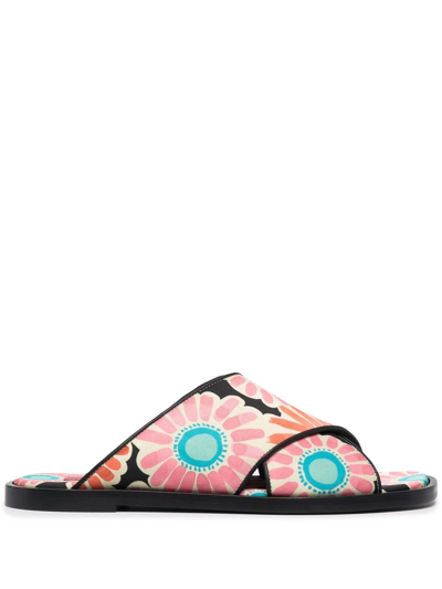 La Doublej Daisy-print Criss-cross Sandals In Black