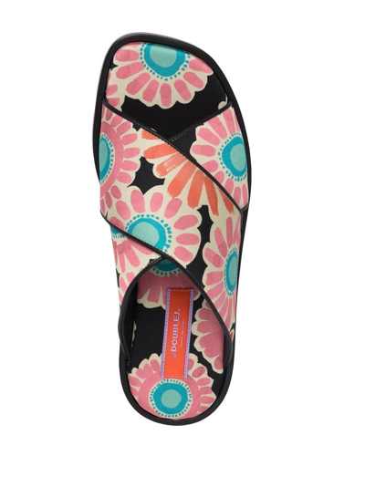 La Doublej Daisy-print Criss-cross Sandals In Black