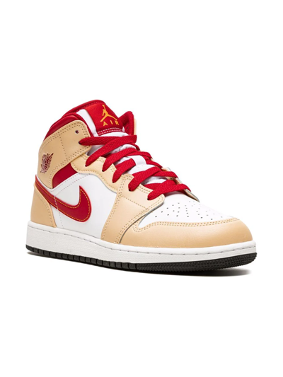 Shop Jordan Air  1 Mid "beige/red" Sneakers In White