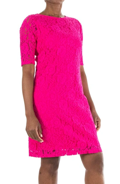 Shop Nina Leonard Jewel Neck Lace Dress In Dragonfruit
