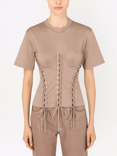 Dolce & Gabbana Corset-style Cotton T-shirt In Neutrals