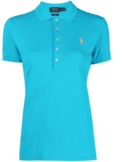 Shop Polo Ralph Lauren Ladies Embroidered-logo Polo Tops In Blue