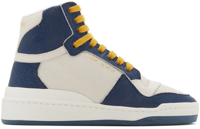 Shop Saint Laurent Off-white & Blue Sl24 High-top Sneakers In 9083 Off Whit/light
