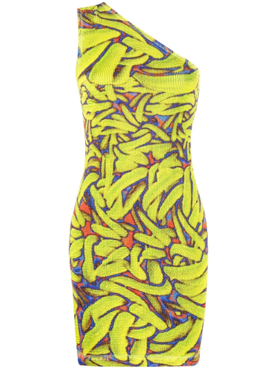 Shop Bottega Veneta Abstract-print One-shoulder Dress In Grün