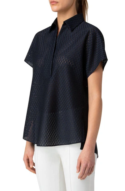 Shop Akris Punto Polka Dot Lace Polo Shirt In Navy Black