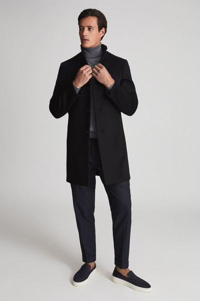 Shop Reiss Gable - Black Wool-blend Epsom Overcoat, S In Navy