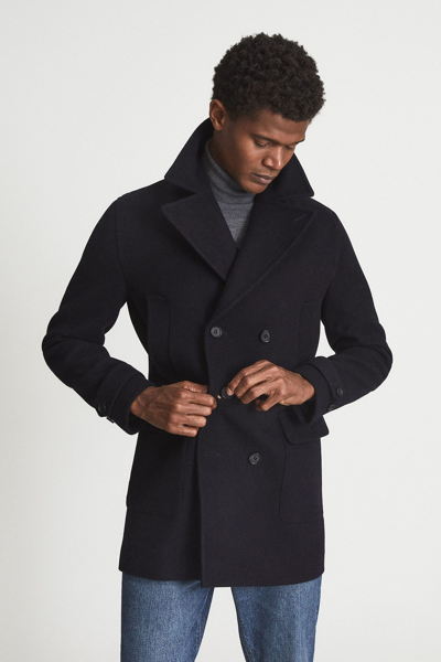 Shop Reiss Cork - Navy Double Breasted Wool Blend Peacoat, L