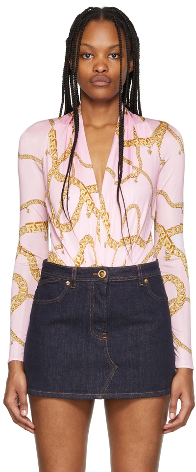 Shop Versace Pink Chain Bodysuit In 5p220 Candy+gold