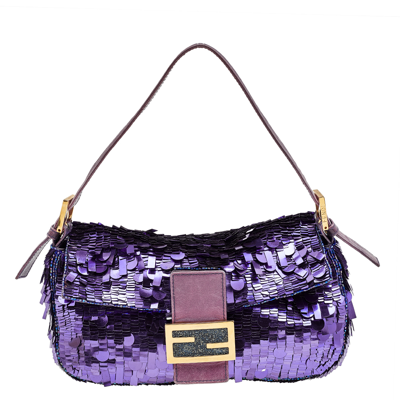 Fendi Sequin and Leather Baguette Lilac in Polyester with Gold