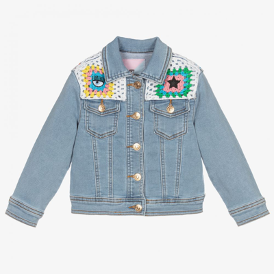 Shop Chiara Ferragni Girls Crochet Denim Jersey Jacket In Blue