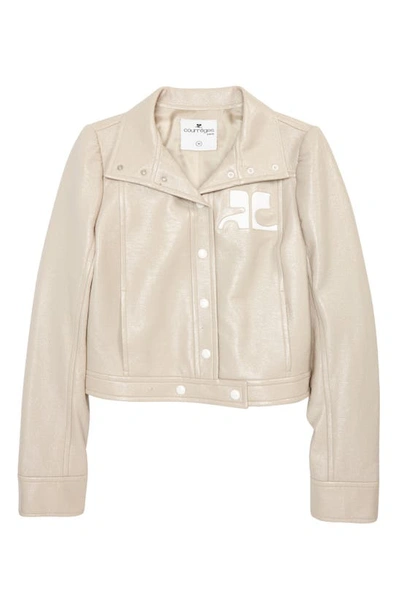 Shop Courrèges Logo Patch Coated Stretch Cotton Crop Jacket In Mastic