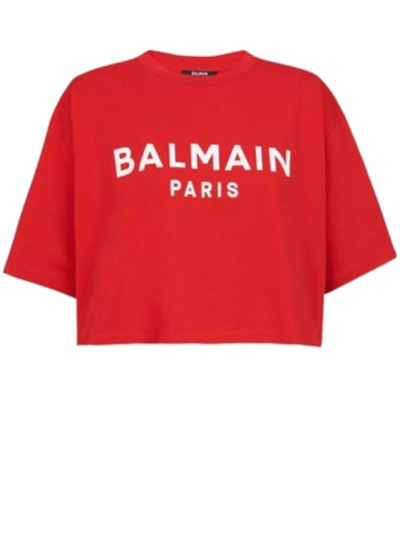 Shop Balmain Red Cropped T-shirt With Logo Print