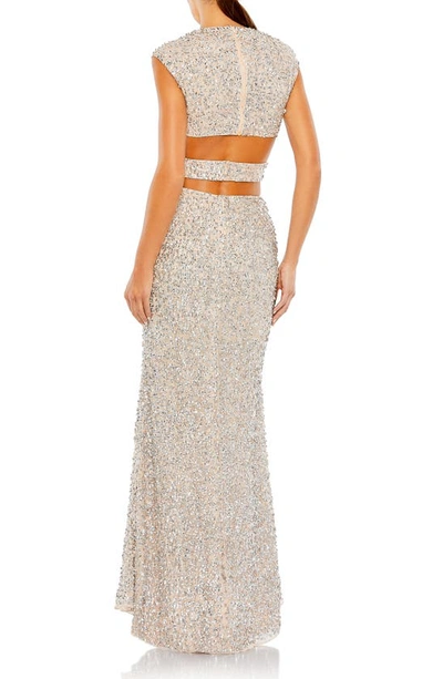 Shop Mac Duggal Sequin Cutout Trumpet Gown In Nude Silver