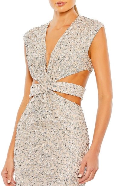 Shop Mac Duggal Sequin Cutout Trumpet Gown In Nude Silver