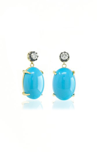 Shop Jenna Blake Women's 18k Yellow Gold Turquoise And Blackened Diamond Drop Earrings In Blue