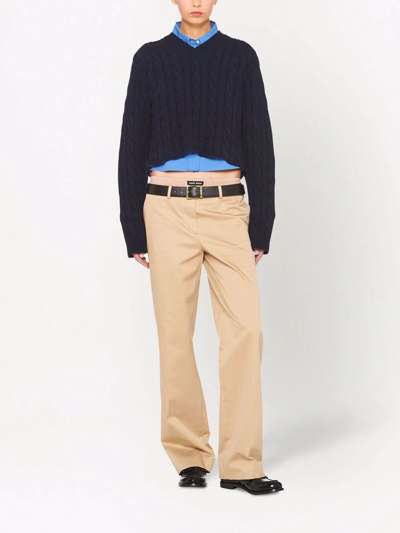 Miu Miu Cable Knit Cashmere V-neck Jumper In Blue