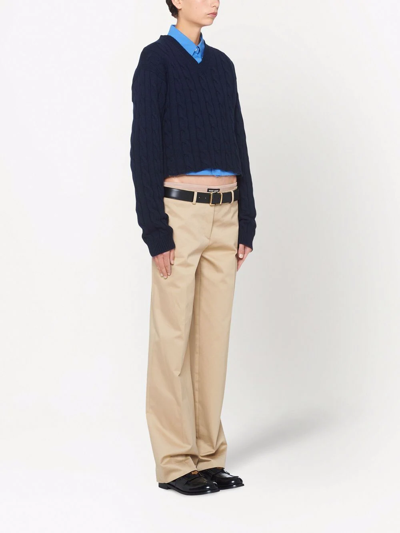 Miu Miu Cable Knit Cashmere V-neck Jumper In Blue