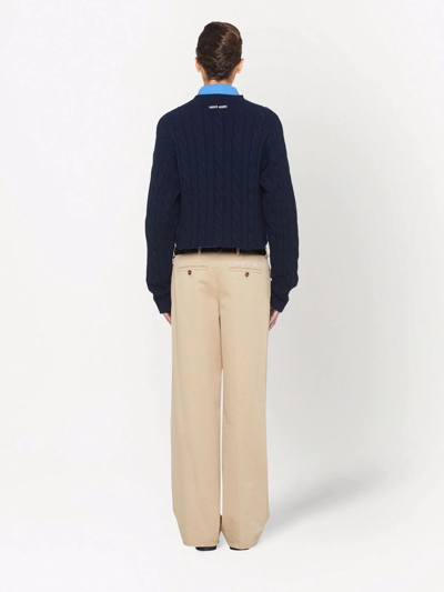 Miu Miu Cable Knit Cashmere V-neck Jumper In Blue