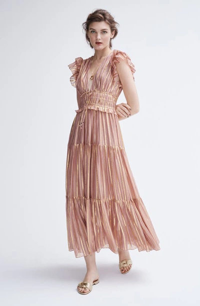 Shop Ulla Johnson Justyne Metallic Stripe Silk Blend Maxi Dress In Rose