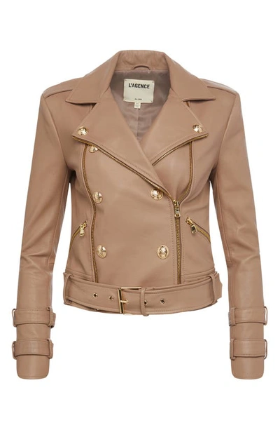 Shop L Agence Billie Belted Leather Moto Jacket In Chanterelle