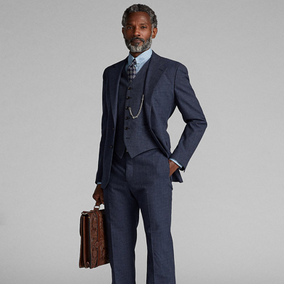 Shop Double Rl Slim Glen Plaid Cotton-wool Suit Trouser In Blue Multi