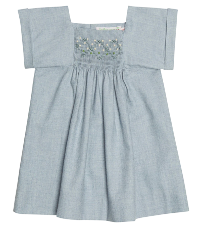 Shop Bonpoint Baby Pais Cotton Twill And Wool Dress In Bleu Gris