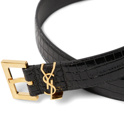 Shop Saint Laurent Monogram Croc-effect Leather Belt In Noir
