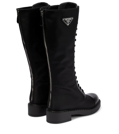 Prada Re-nylon And Leather Knee-high Boots In Nero
