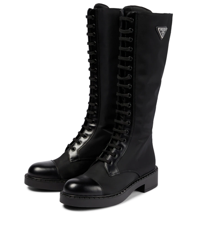 Prada Re-nylon And Leather Knee-high Boots In Nero