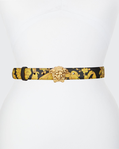 Shop Versace Palazzo Printed Leather Medusa Belt In Black Gold
