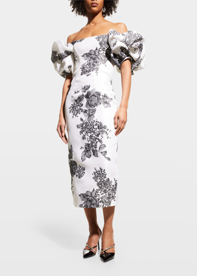Shop Monique Lhuillier Off-the-shoulder Puff-sleeve Midi Dress In Silk Whitenoir